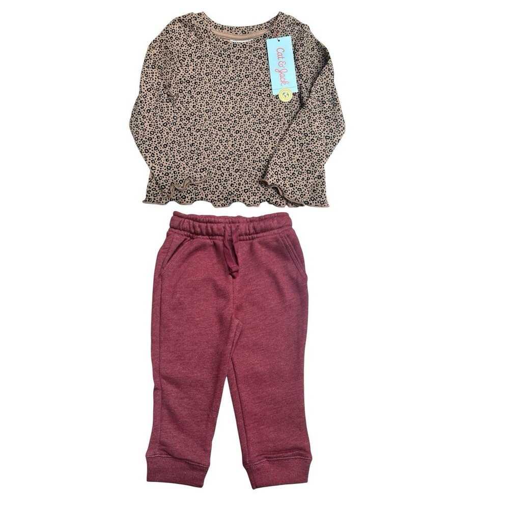NWT Cat & Jack Girls 18mo. Leopard Long Sleeve Top & Maroon Sweatpants Outfit